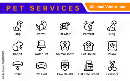 Pet Services and Animal Care Icon Set – Minimal Line Vector Illustrations for Pet Sitting, Grooming, Veterinary, Training, and Animal Health Projects