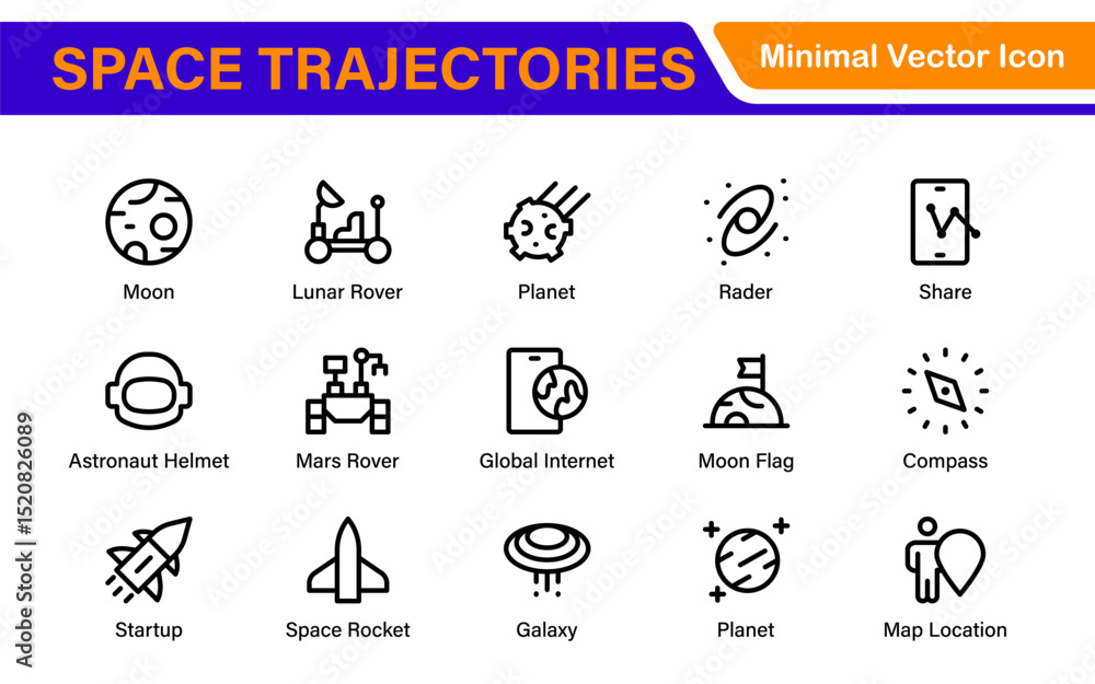 Obraz premium Space Navigation and Trajectories Icon Set – Minimal Line Art Vector Illustrations for Astronaut, Satellite, Rocket, Trajectory, and Space Mission Designs