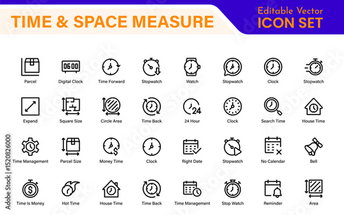 Time and Space Measurement Icons – Clean Outline, Line Art, and Vector Illustrations for Light Years, AU, Astronomy, and Cosmic Distance Projects