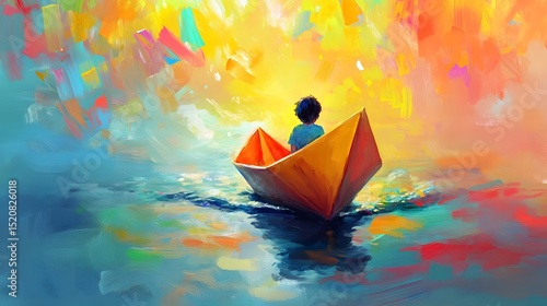 A child s imaginative journey through a vibrant abstract world in a paper boat