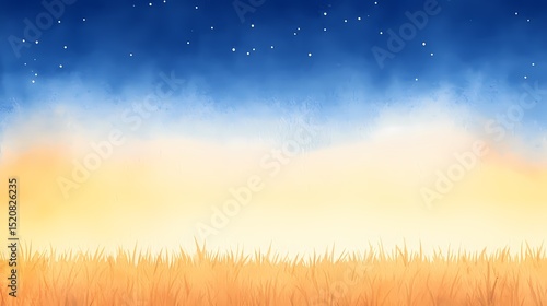 Watercolor painting of a sunset over a wheat field with a starry night sky. Peaceful, serene landscape illustration.