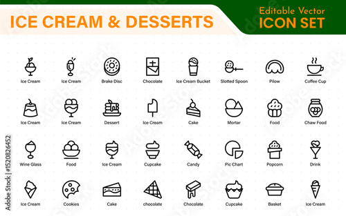 Delicious Ice Cream and Desserts Icons. A Sweet Collection for Menu Design, Recipe Apps, Bakery Projects, and Dessert Shops with Creative, Mouth-Watering Visuals