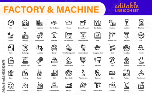 Factory and Machine Icons Collection. A Versatile Set for Industrial Design, Production Workflows, Machinery, Factory Management, and Engineering Solutions.