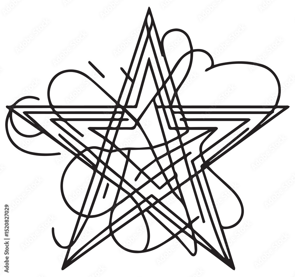 Obraz premium Detailed Black and White Line Art Abstract Five-Pointed Star with Swirling Organic Lines Illustration Design