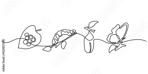 One continuous line drawing butterfly life cycle. Caterpillar process into butterfly simple outline vector illustration. Butterfly metamorphosis, Butterfly transformation concept continuous line art. 