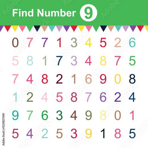 Find 9 number activity game for children. education game. IQ test. learning worksheets for kids. vector illustration