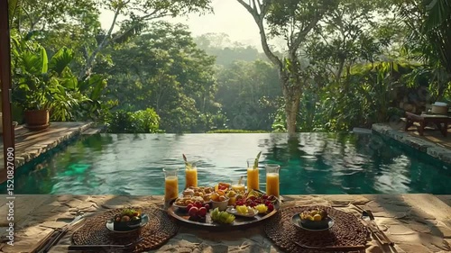 Tropical Breakfast by Infinity Pool Overlooking Lush Jungle Canopy in Exotic Location