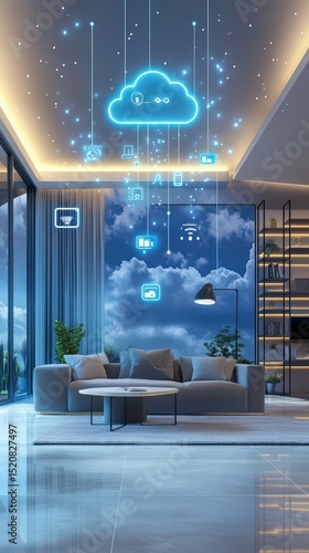 Futuristic Living Room with Cloud Computing Concepts and Smart Home Technology