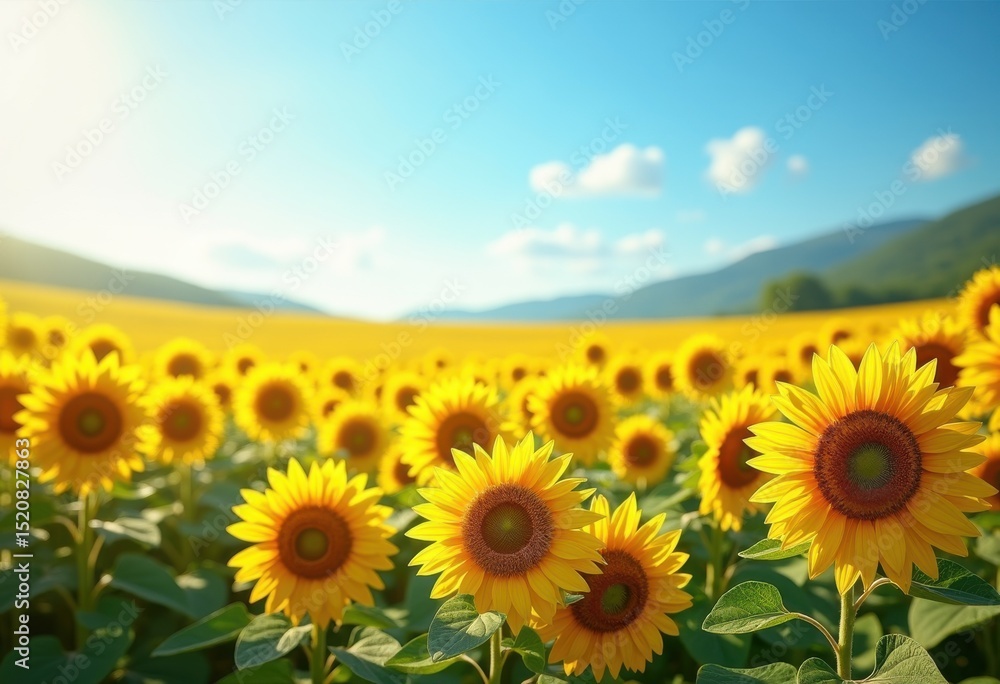 Fototapeta premium vibrant sunflower fields blooming under clear blue sky full sunlight showcasing beauty yellow flowers, nature, landscape, petal, green, summer, scene