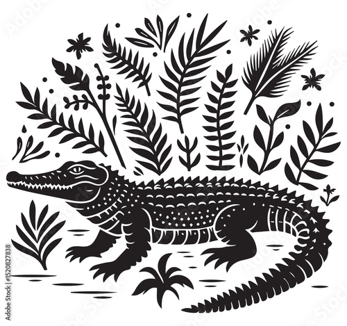 Stylized Black and White Crocodile in Tropical Foliage Graphic Wildlife Illustration Art