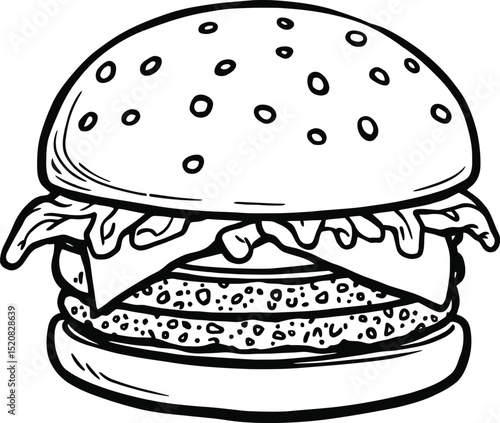  Delicious Hamburger or Chicken Burger Black and White Outline Vector