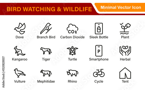 Bird Watching Wildlife Icon Set – Minimal Line Vector Illustrations for Nature, Animals, Birds, Outdoors, and Wildlife Conservation Projects