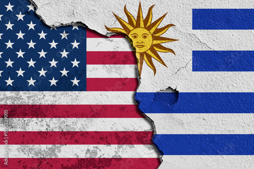 Wallpaper Mural Torn Flags of United State Of America (USA) and Uruguay Depicting Political and Cultural Tension. Split Design of  Uruguay and United State Of America (USA) Flags on Textured Surface.  Torontodigital.ca