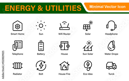 Renewable Energy and Utilities Icon Pack – Vector Line Illustrations for Solar, Wind, Electric Power, Sustainable Energy, and Environmental Designs