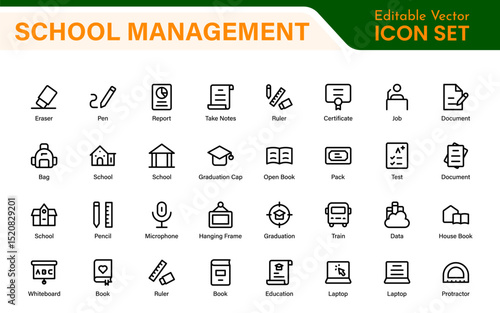 School Administration Icon Set – Modern Outline Line Vector Illustrations for Classroom, Timetable, Attendance, and Education Management Systems