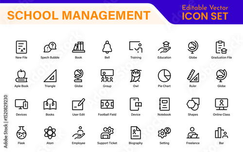School Administration Icon Set – Modern Outline Line Vector Illustrations for Classroom, Timetable, Attendance, and Education Management Systems