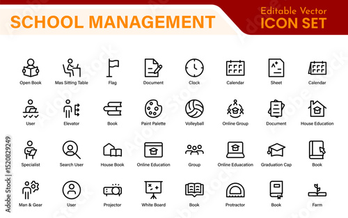 School Administration Icon Set – Modern Outline Line Vector Illustrations for Classroom, Timetable, Attendance, and Education Management Systems