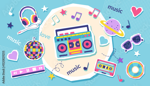 Colorful music retro collage banner with music cassette record player, headphones, cassette, cd, disco ball, eyeglasses, notes. Concept of music, disco, 90s. Vector background. 