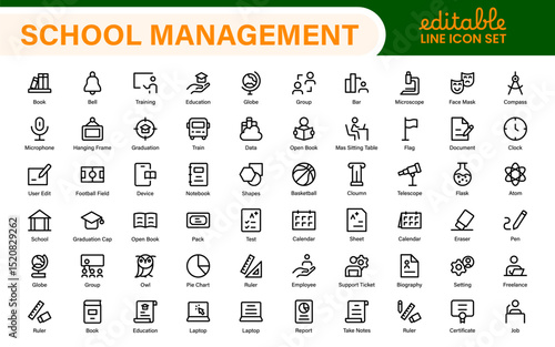 School Administration Icon Set – Modern Outline Line Vector Illustrations for Classroom, Timetable, Attendance, and Education Management Systems