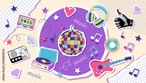 Colorful music retro collage banner with disco ball, guitar, headphones, cassette, vinyl record player, radio, cd. Concept of music, 90s. Vector background. 