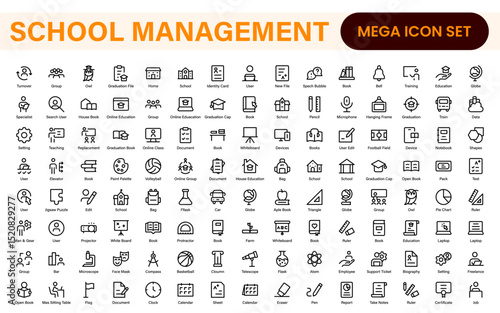 School Administration Icon Set – Modern Outline Line Vector Illustrations for Classroom, Timetable, Attendance, and Education Management Systems
