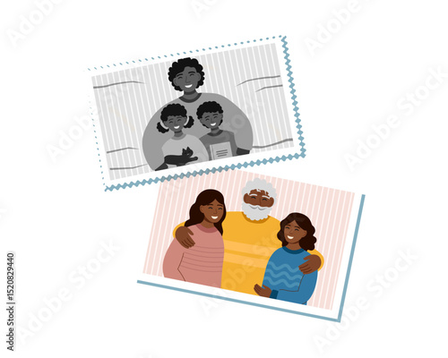 Old photo of young father with small daughters and new photo of senior father and grown-up daughters. Family and life values ​​concept. The concept of aging. The concept of transience of life.