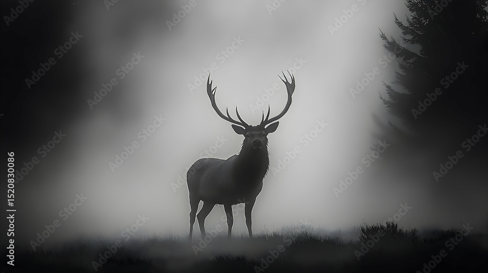 Obraz premium Majestic stag silhouette in a misty landscape.