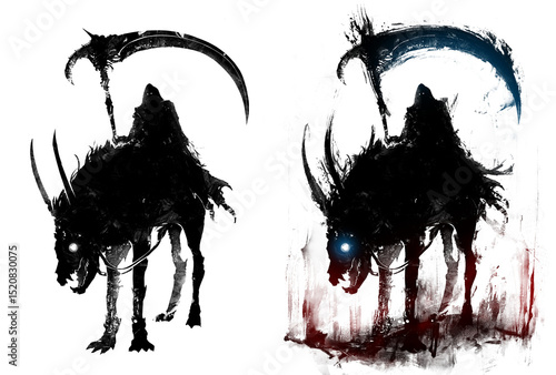 A black silhouette of a sinister reaper riding a nasty dog with horns, protruding bones and bared fangs. He is death with a scythe in a torn hood. 2d ink-style illustration.