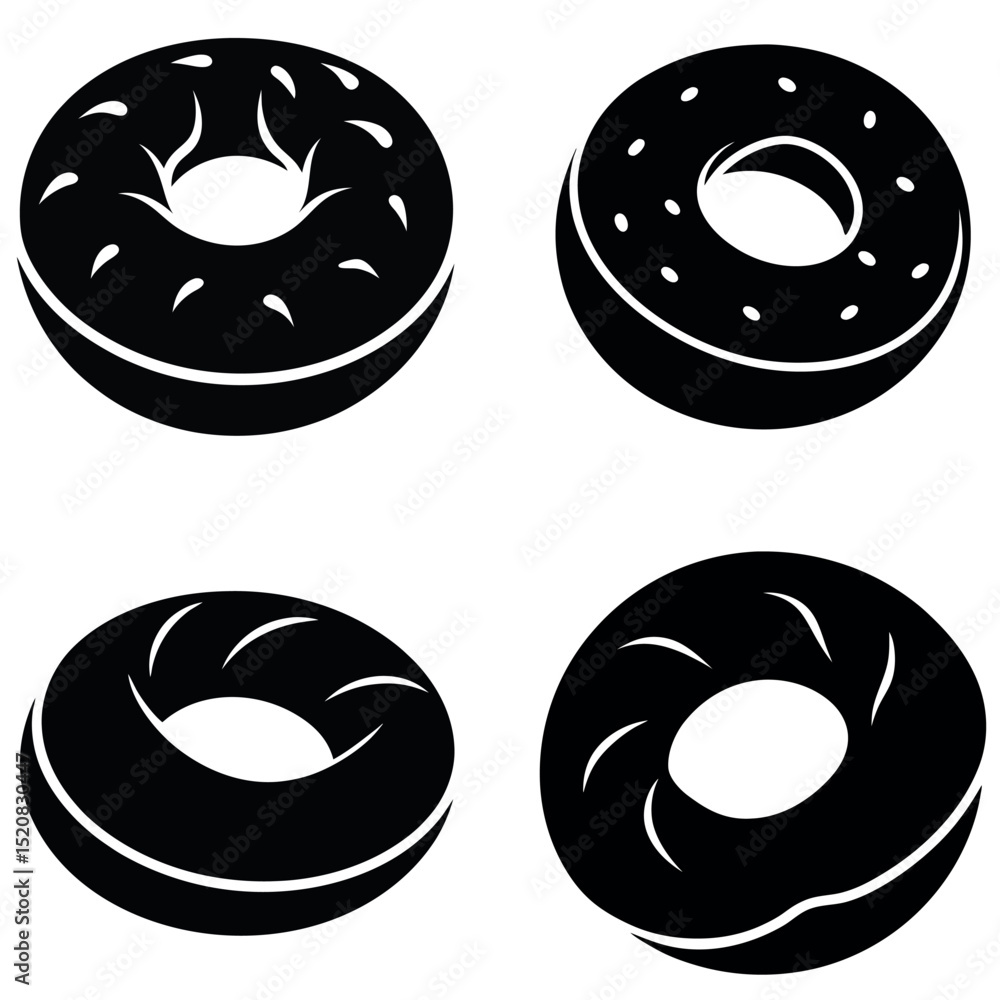 Fototapeta premium Donut Icon Set Black and White of Four Different Donut Designs