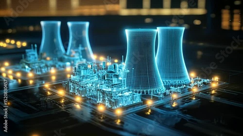 Nuclear plant glows with blue hologram towers, showing digital twins, digital clone, predictive analytics for energy systems and digital modeling