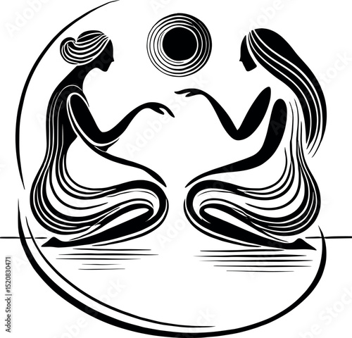 Black-and-white minimalist illustration featuring an oil drop silhouette formed by two elegant female outlines seated face to face, symbolizing wellness, balance, and mindful conversation.
