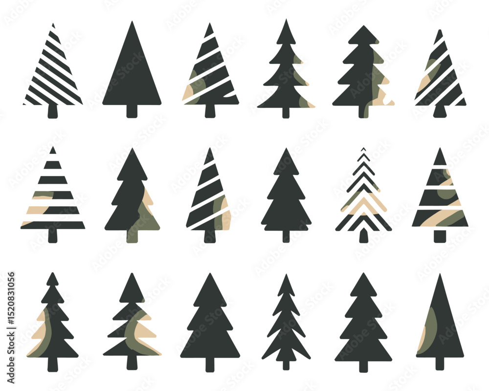 Obraz premium Minimalist Christmas Pine Tree Silhouettes – Black and White Vector Set