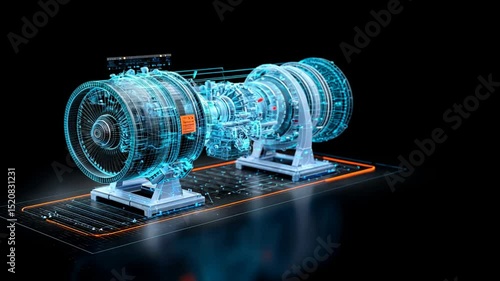 Aircraft engine hologram with white and blue wireframe details, showing digital twins, digital clone, predictive analytics for mechanical design