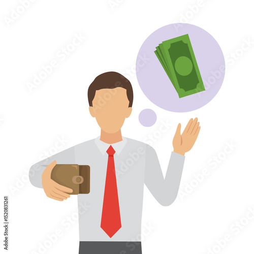 A man who holds an empty wallet must find money. Lack of money concept. Cartoon Vector Illustration.    