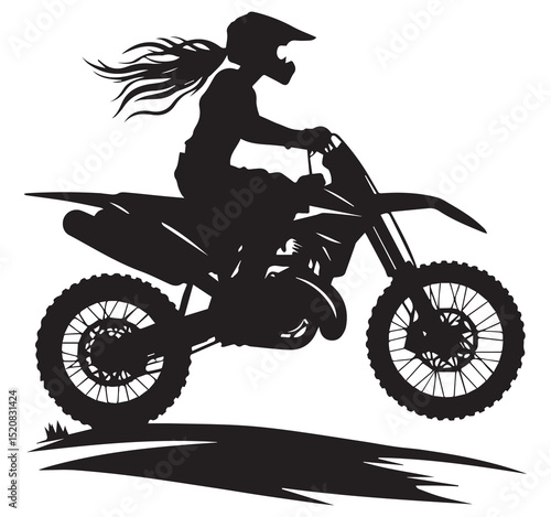 Black Silhouette Vector of Female Motocross Rider Jumping Dirt Bike Action Sport Illustration