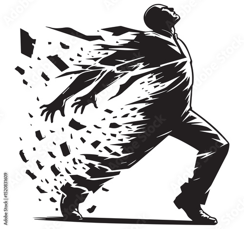 Black and White Illustration of Man Dissolving into Fragments Dynamic Silhouette Art