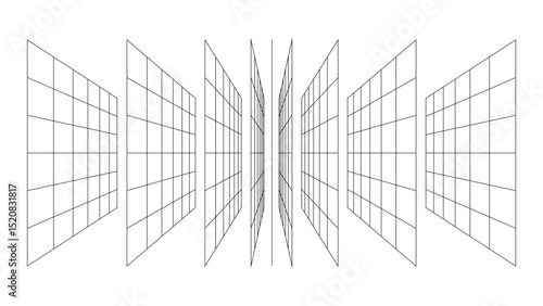 3d wireframe perspective grid room template design vector illustration background. Empty 3 dimension virtual room with perspective wireframe grid geometric sketch. Cyber virtual line interior frame.