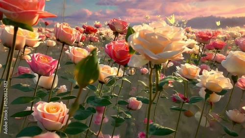 beautiful rose field under gentle spring sunshine