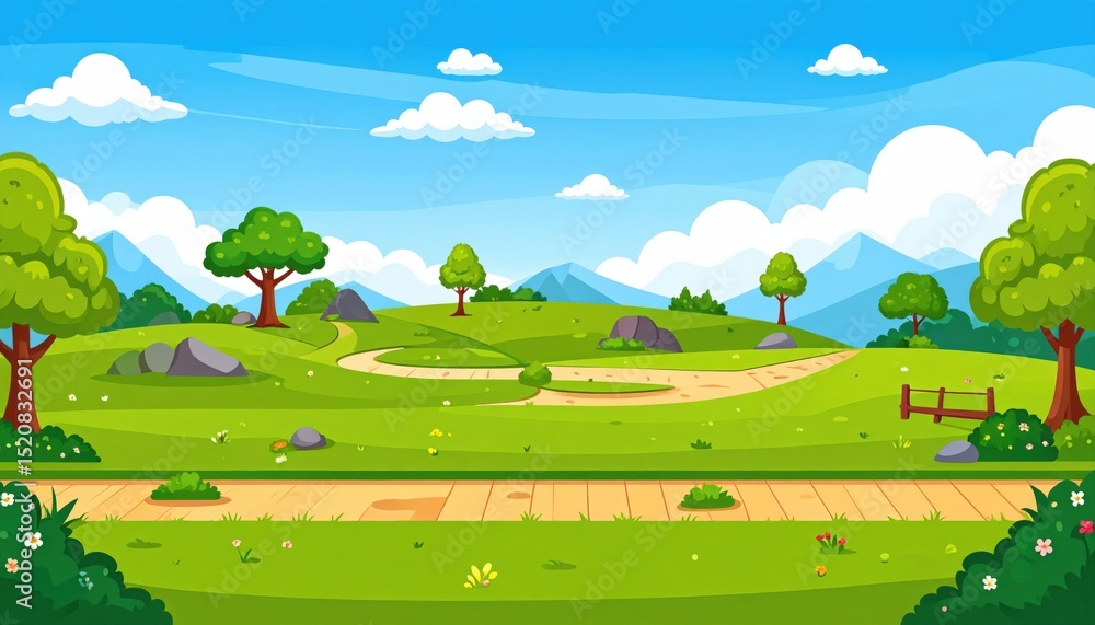 Obraz premium Scenic pathway adventure serene green hills digital illustration nature panoramic view tranquility