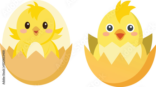Cute baby chicks hatching from eggs illustration