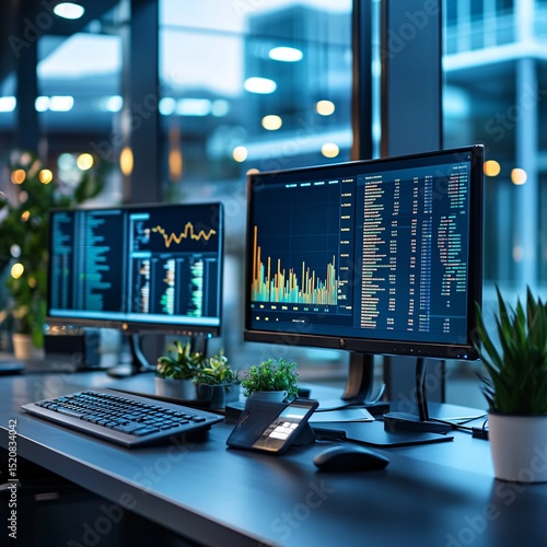 Professional financial trading workstation with dual monitors displaying complex data charts and graphs for stock market analysis in a modern office