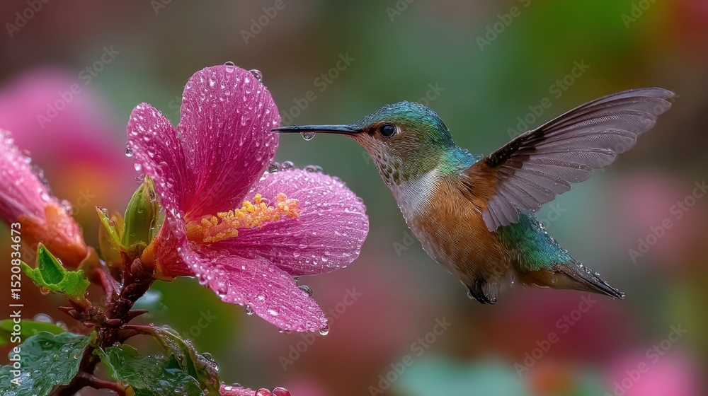 Fototapeta premium Hummingbird hovering by dew-kissed pink hibiscus blossom in vibrant garden scene