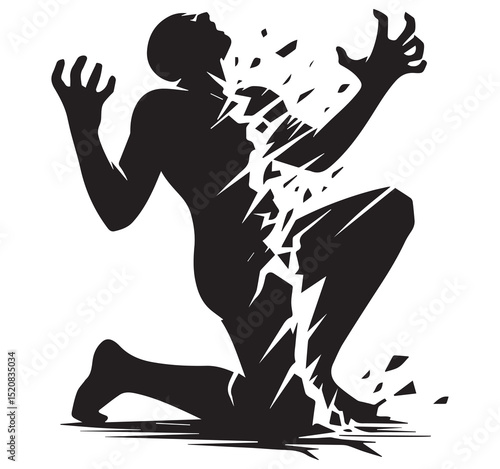 Black graphic silhouette of person kneeling breaking apart symbolizing pain stress or mental health