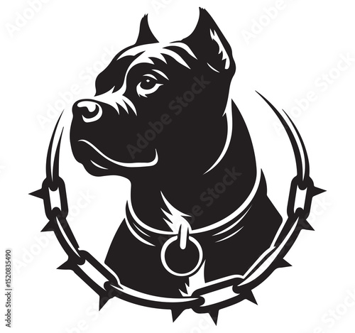 Strong Black and White Pitbull Dog Head Illustration with Spiked Collar and Chain Circle Vector Graphic