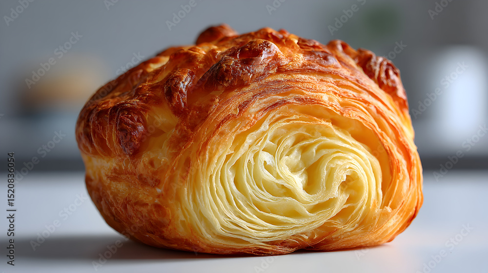 Fototapeta premium A golden-brown cheese pastry, freshly baked and showcasing its flaky layers. The pastry's rich color and texture are emphasized against a neutral background.