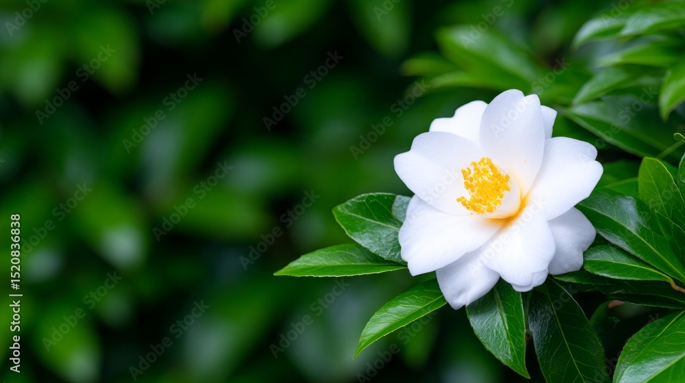 Obraz premium White Flower with Yellow Stamen and Green Leaves