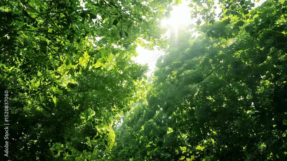 Sunlight filters through the leaves in the forest, creating beautiful sun rays on a summer day