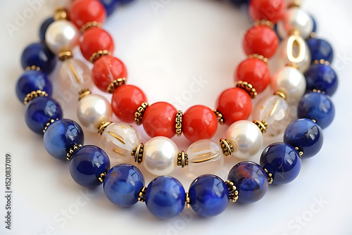 4th of July.A patriotic bracelet featuring red, white, and blue beads with detailed string textures. AI-generated