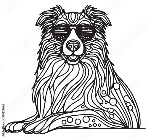 Detailed Decorative Abstract Black and White Line Art Illustration of a Cool Hip Dog Pet Wearing Trendy Shutter Sunglasses Design Art