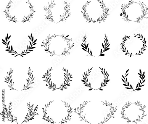 Collection leaves of hand-drawn laurel wreaths in black ink style, vector illustration